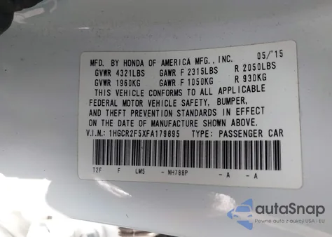 2015 Honda Accord Sport from USA, damaged, VIN 1HGCR2F5XFA179895